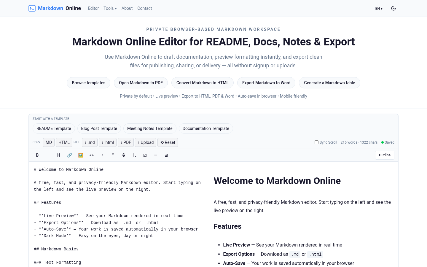 markdownonline.app desktop capture of the first page