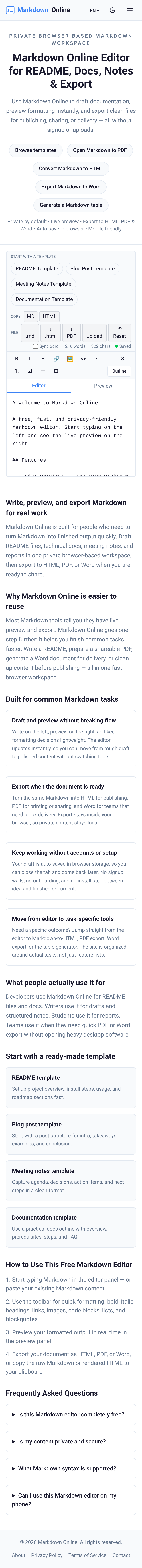 markdownonline.app FAQ section, Homepage / Lander