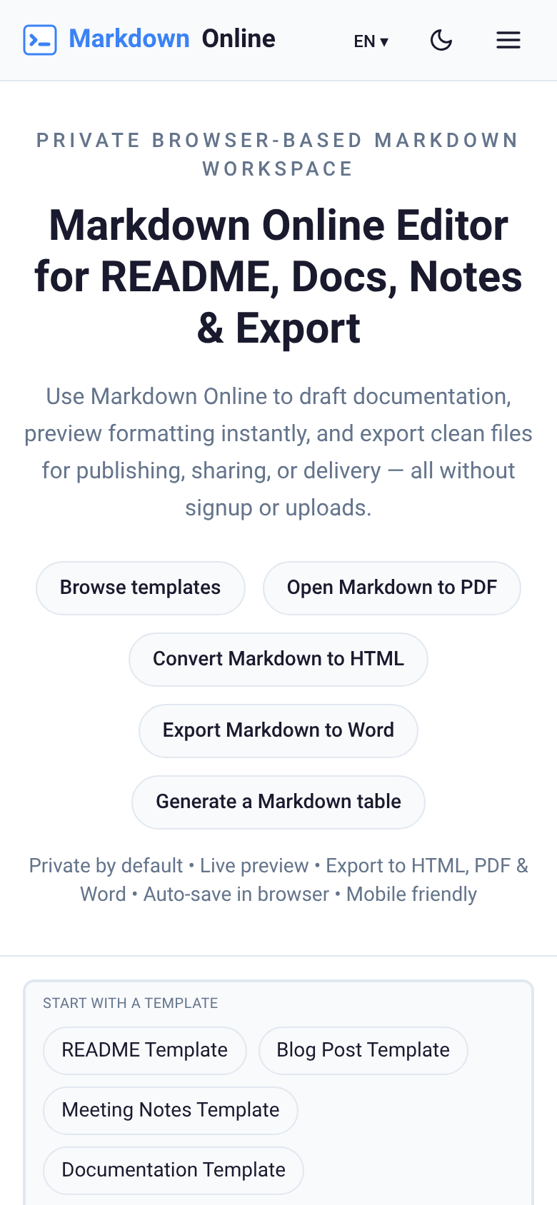 markdownonline.app mobile capture of the first page