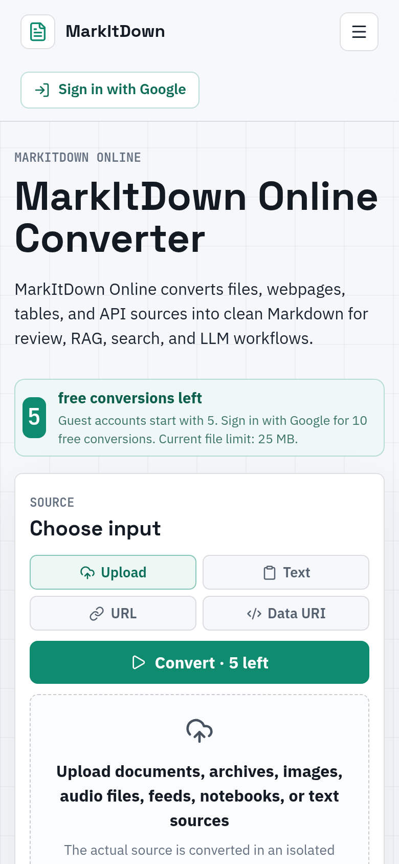 markitdown.store mobile capture of the first page