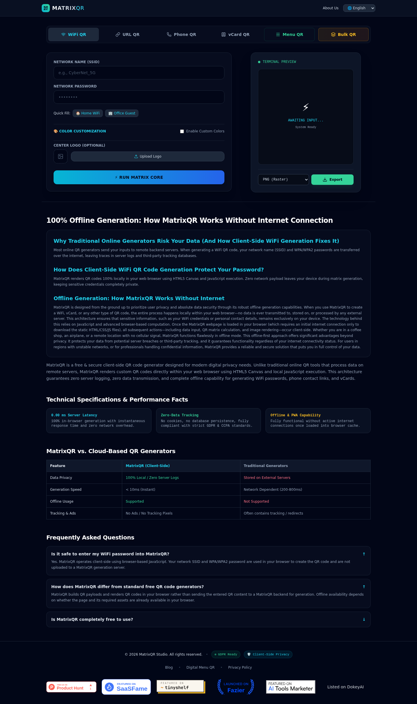 matrixqr.cc FAQ section, Homepage / Lander