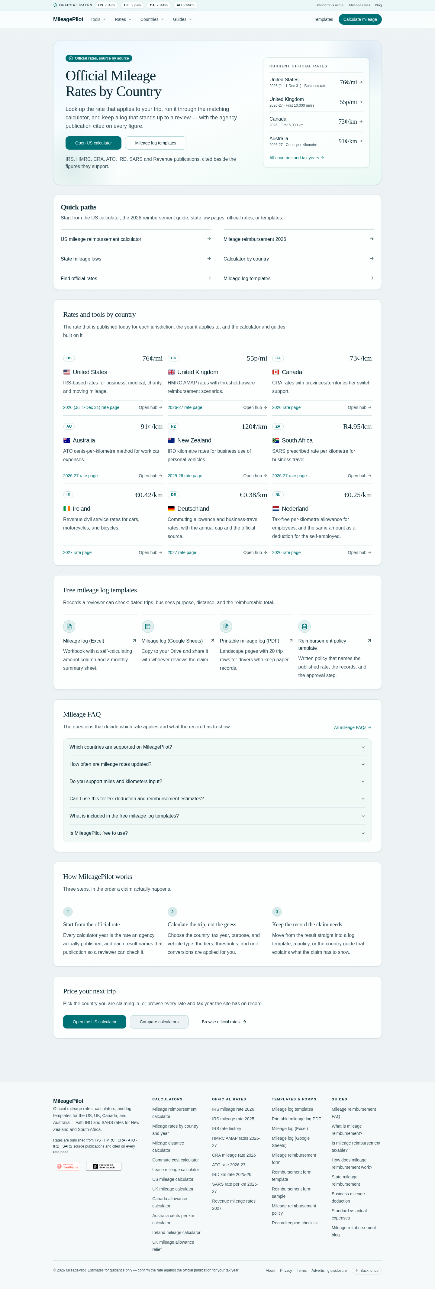 mileagepilot.com FAQ section, Homepage / Lander