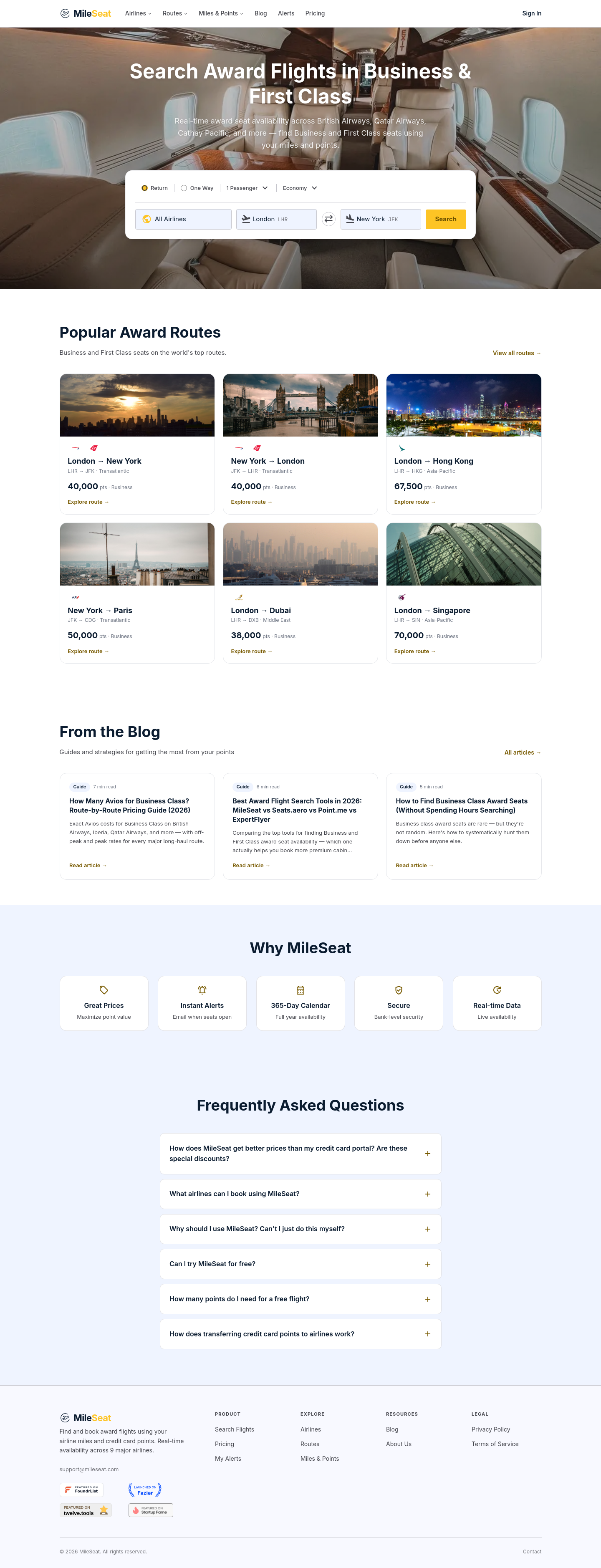 Nav section of mileseat.com