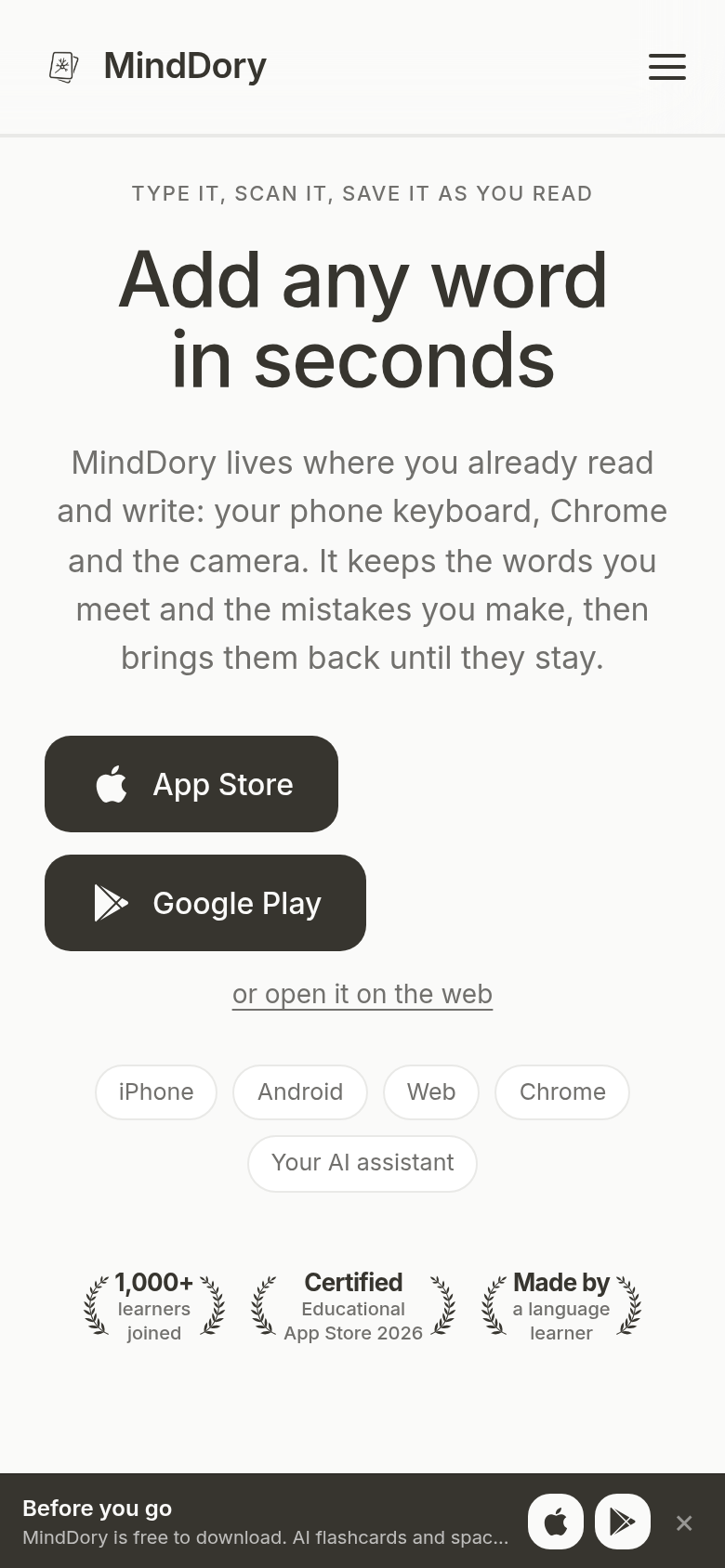 minddory.com mobile capture of the first page