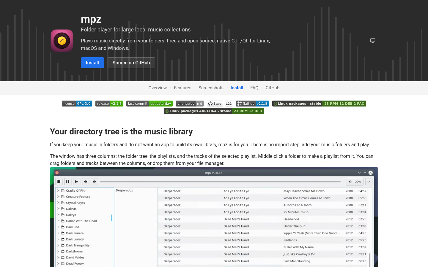 mpz-player.org desktop capture of the first page