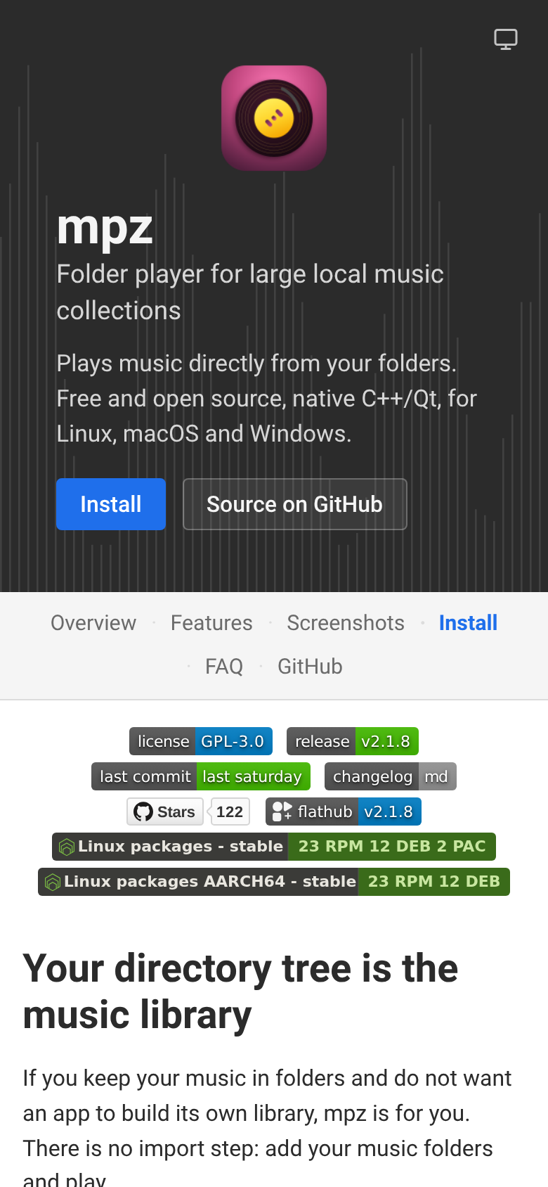 mpz-player.org mobile capture of the first page