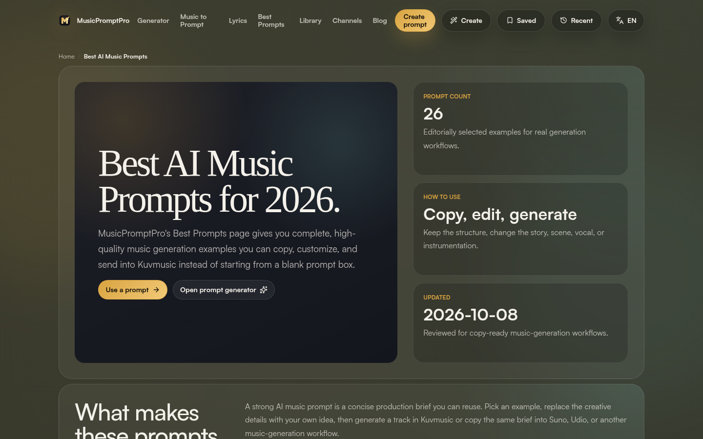 musicpromptpro.com desktop capture of the first page