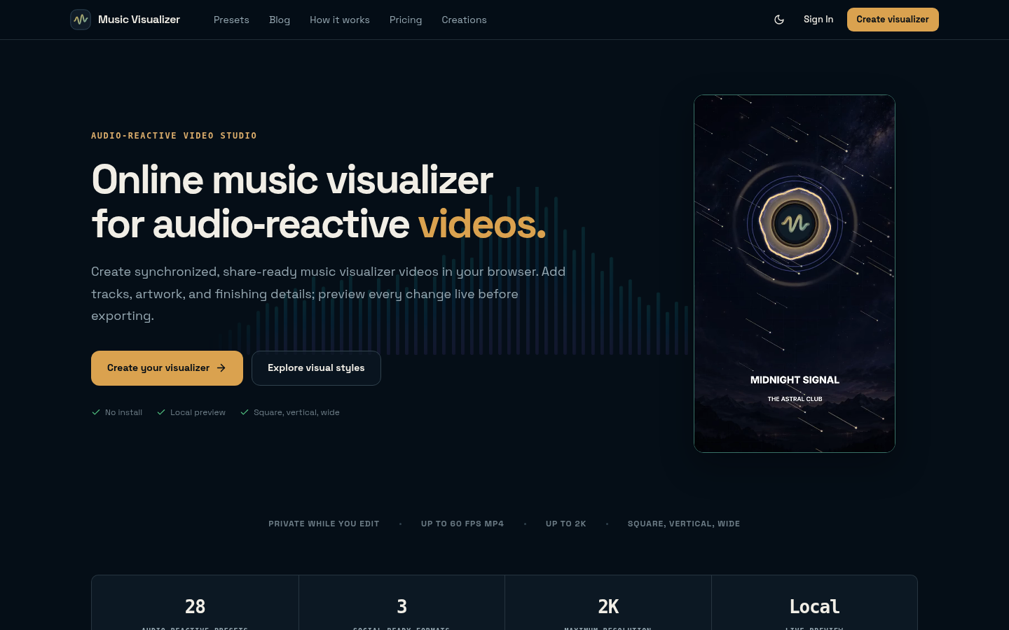 musicvisualizer.net desktop capture of the first page