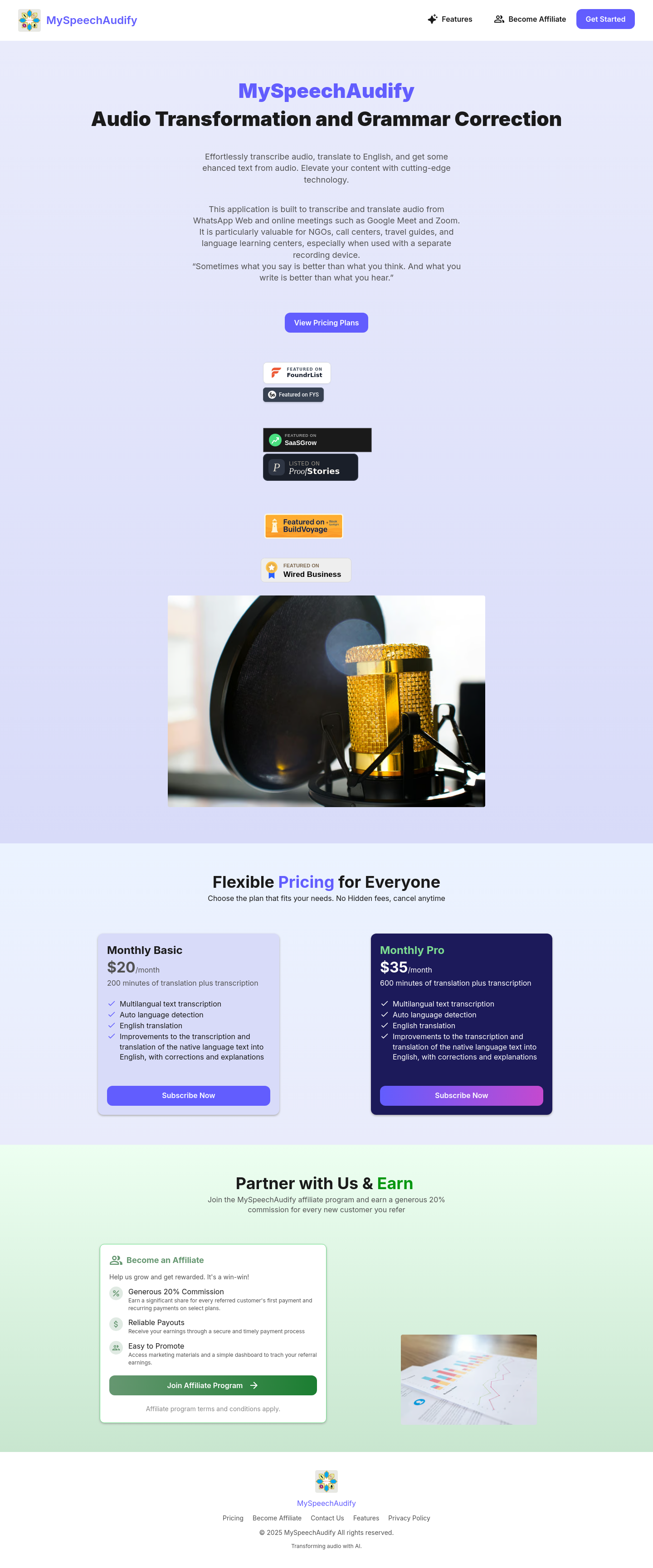 Hero section of myspeechaudify.com