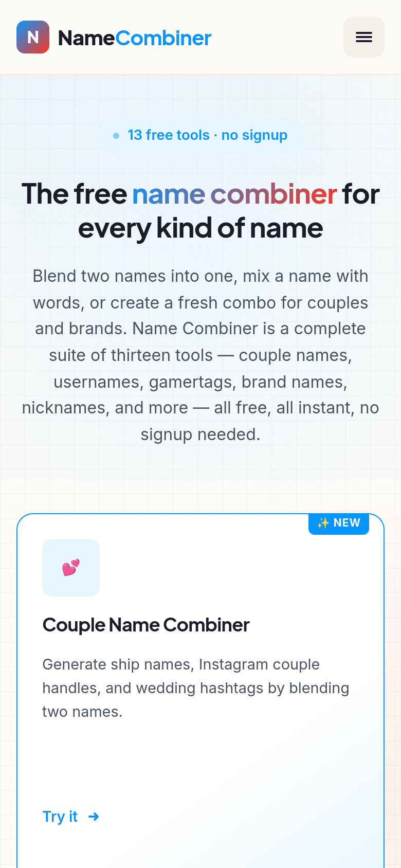 namecombinerss.us mobile capture of the first page