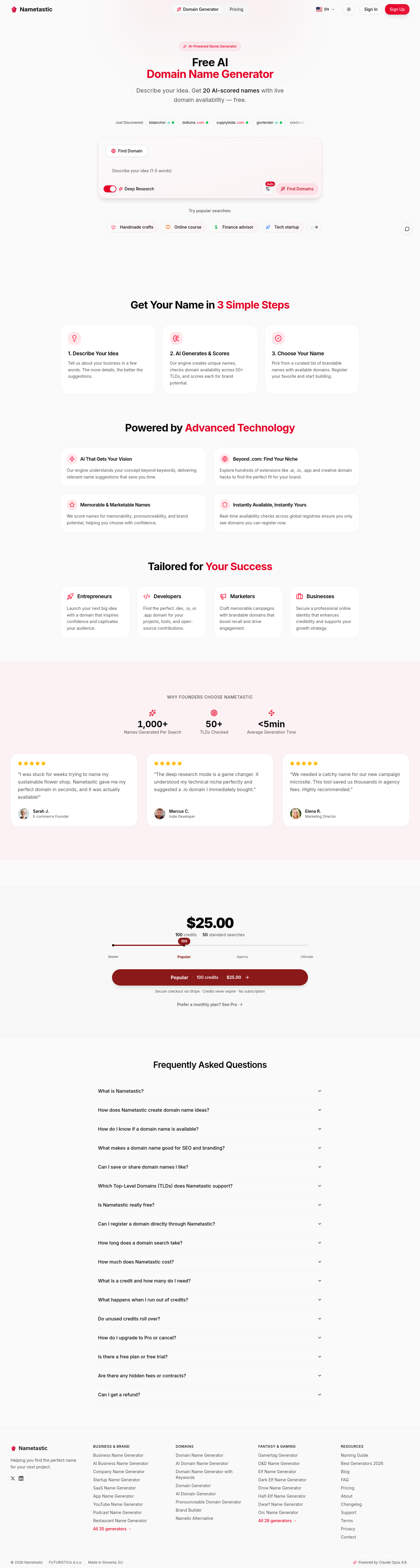 Nav section of nametastic.com