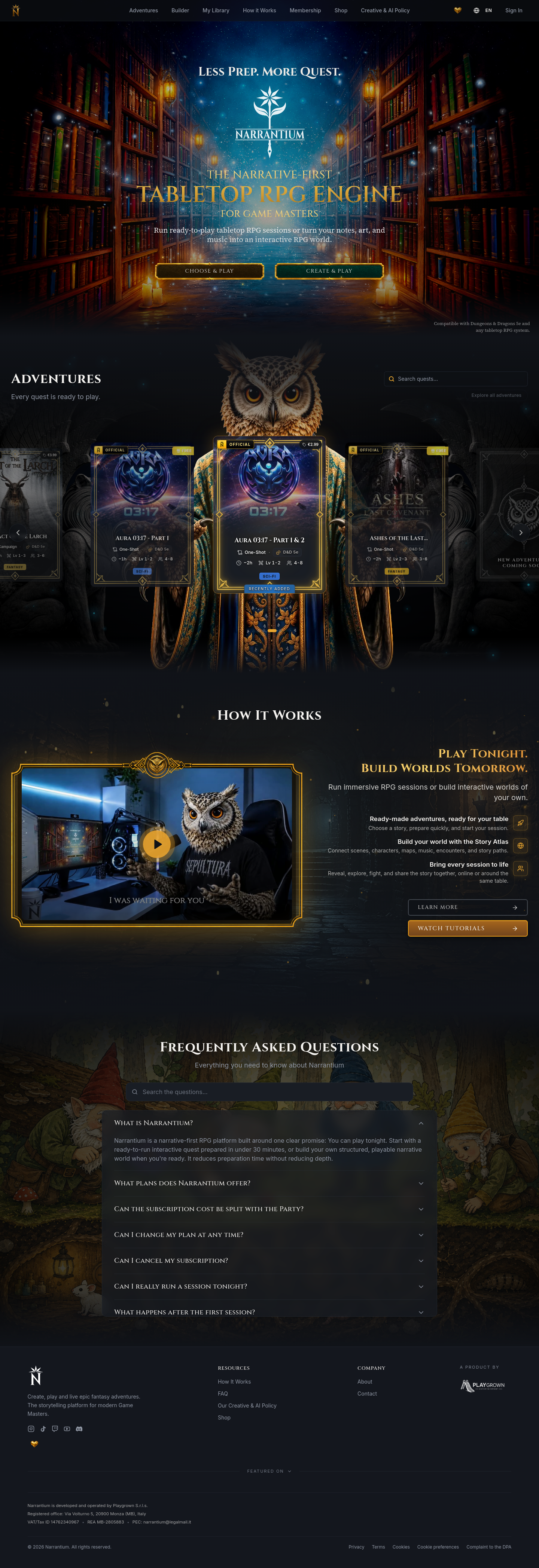 narrantium.com — Hero + Features + FAQ