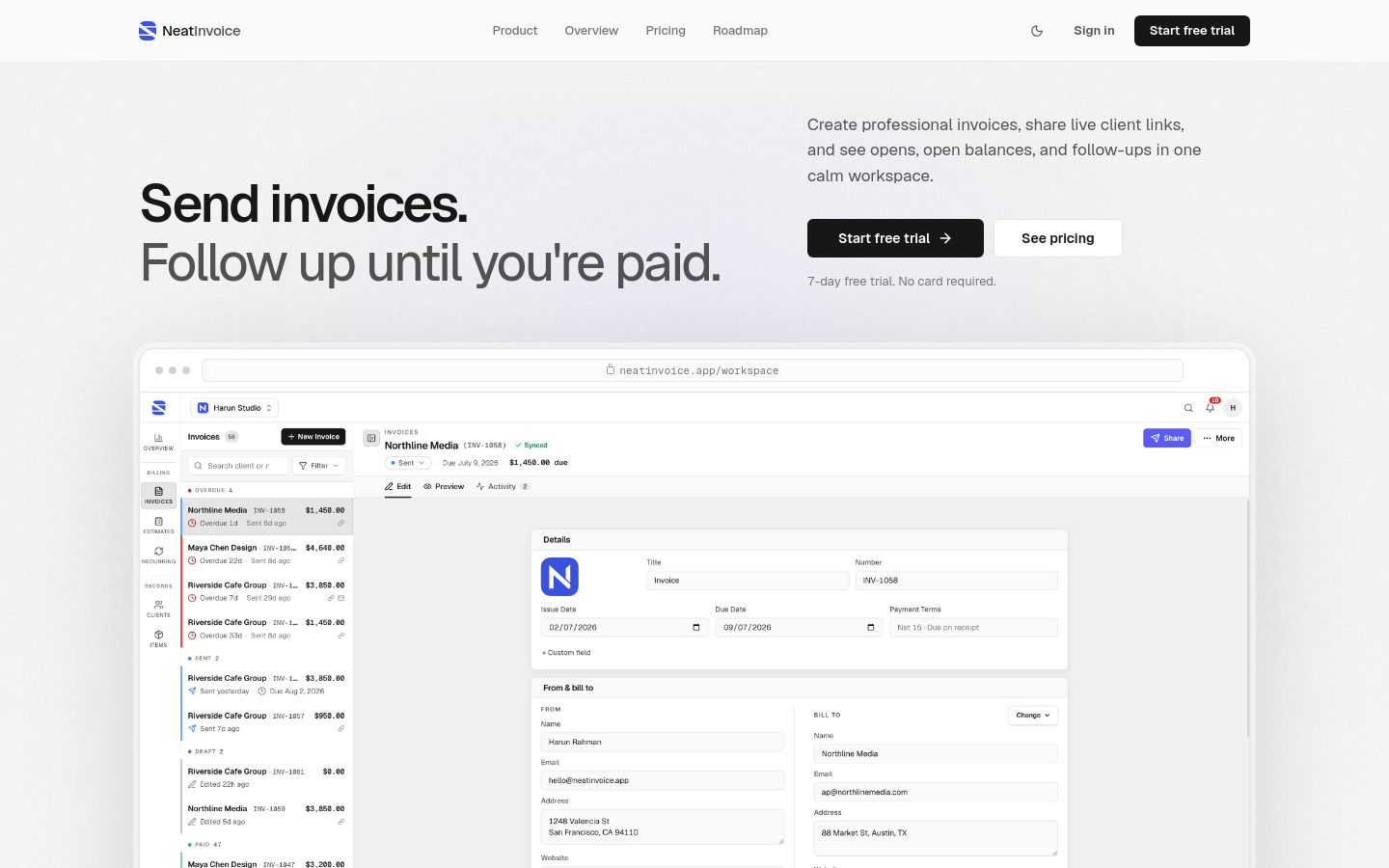 Above-the-fold capture of neatinvoice.app