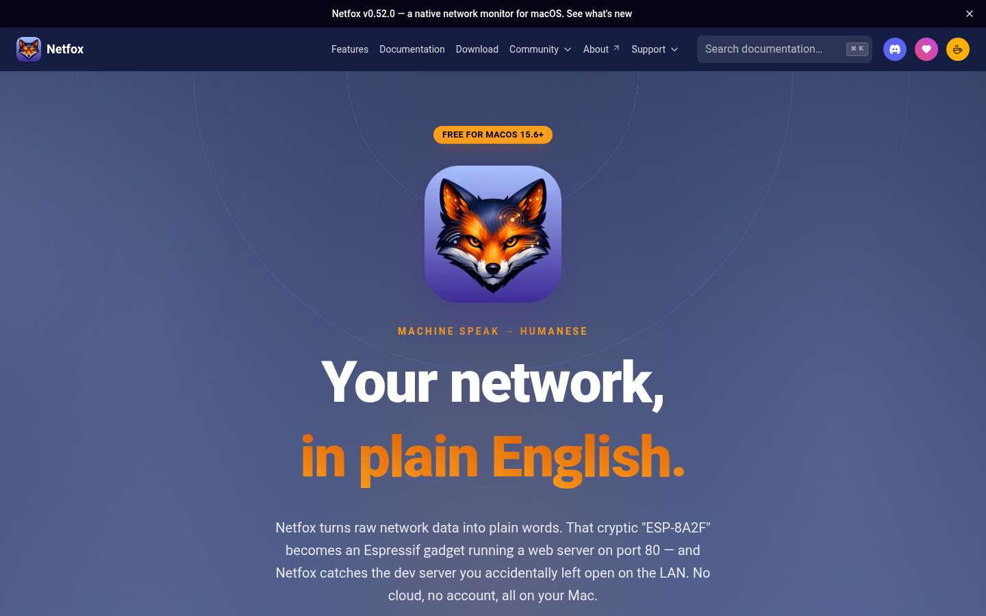 netfox.app desktop capture of the first page