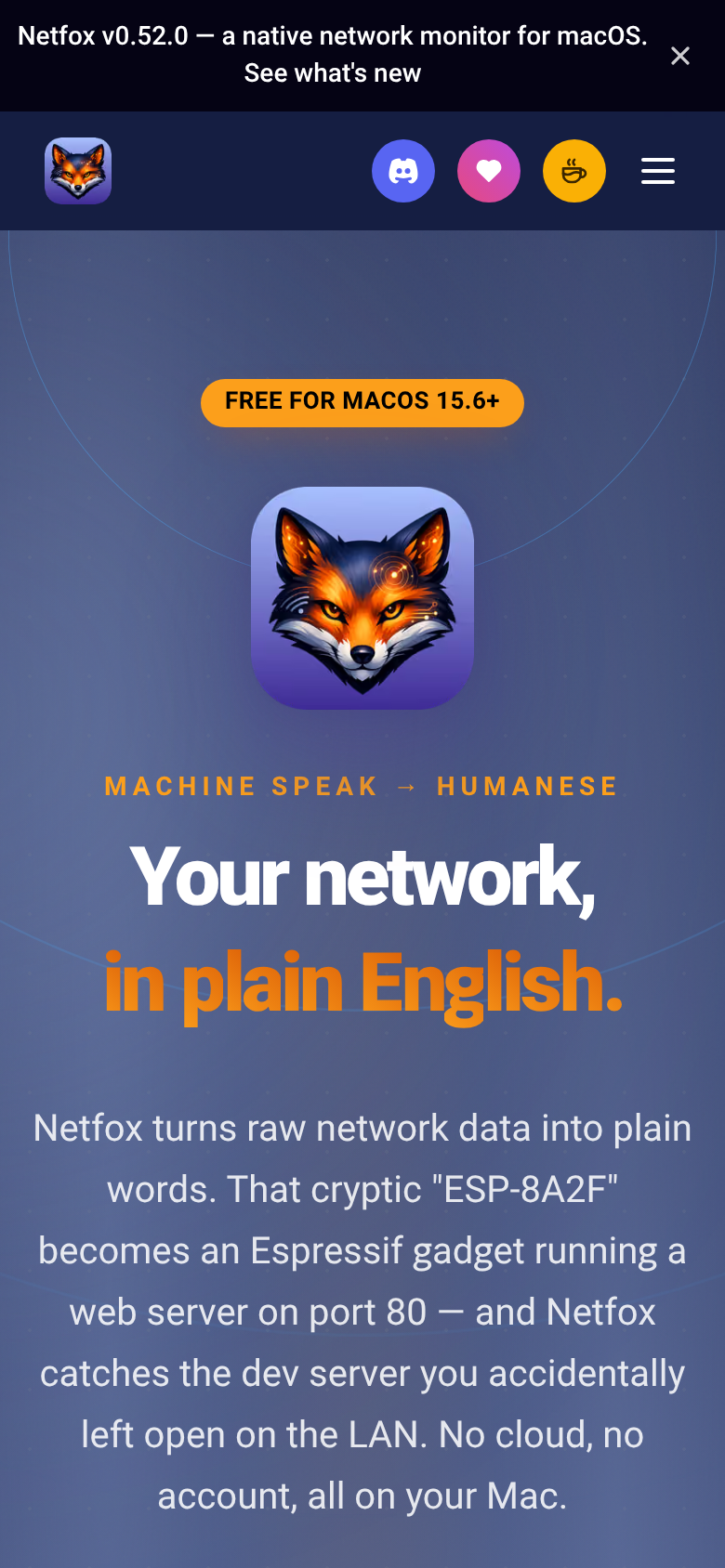 netfox.app mobile capture of the first page