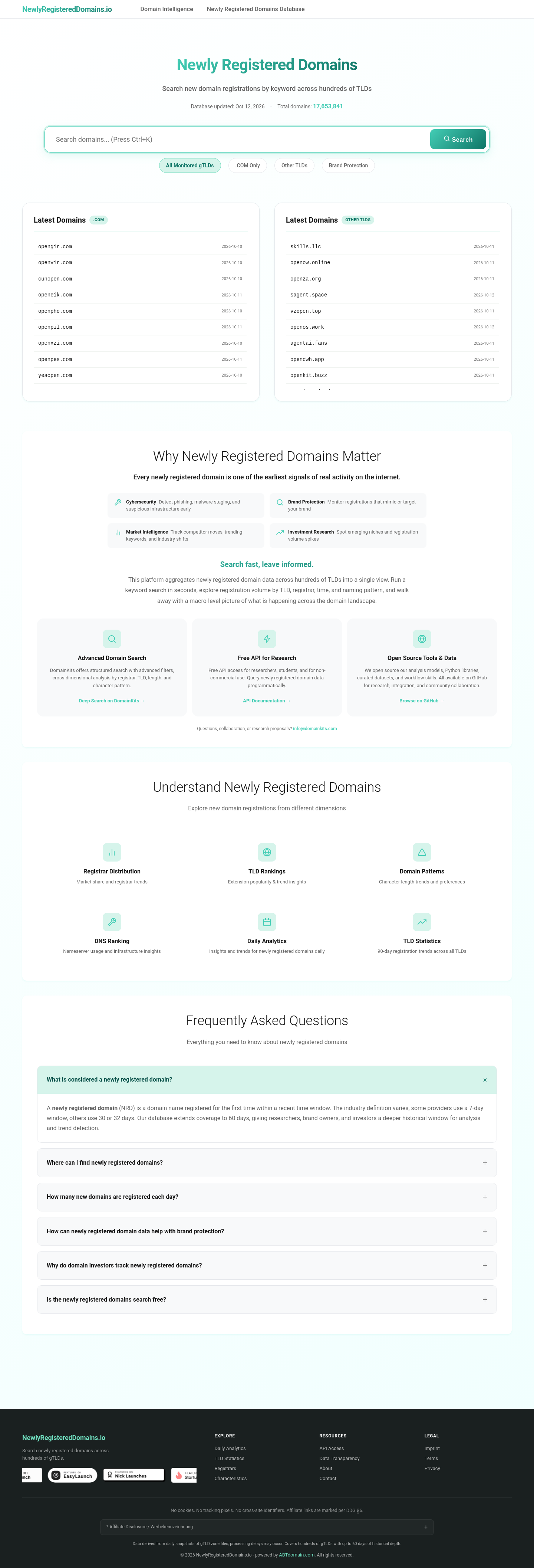 Nav section of newlyregistereddomains.io