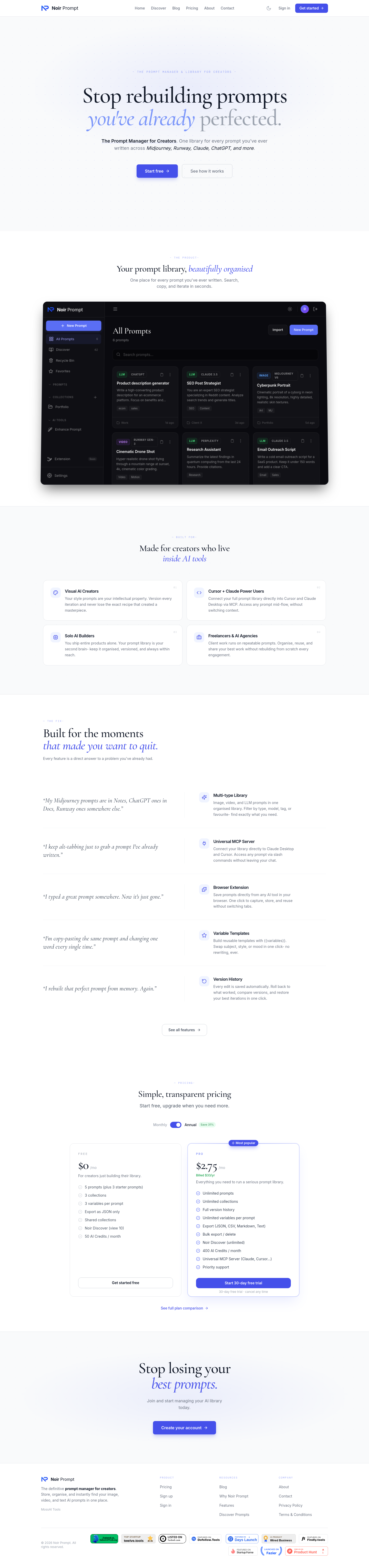 noirprompt.com — Hero + Pricing