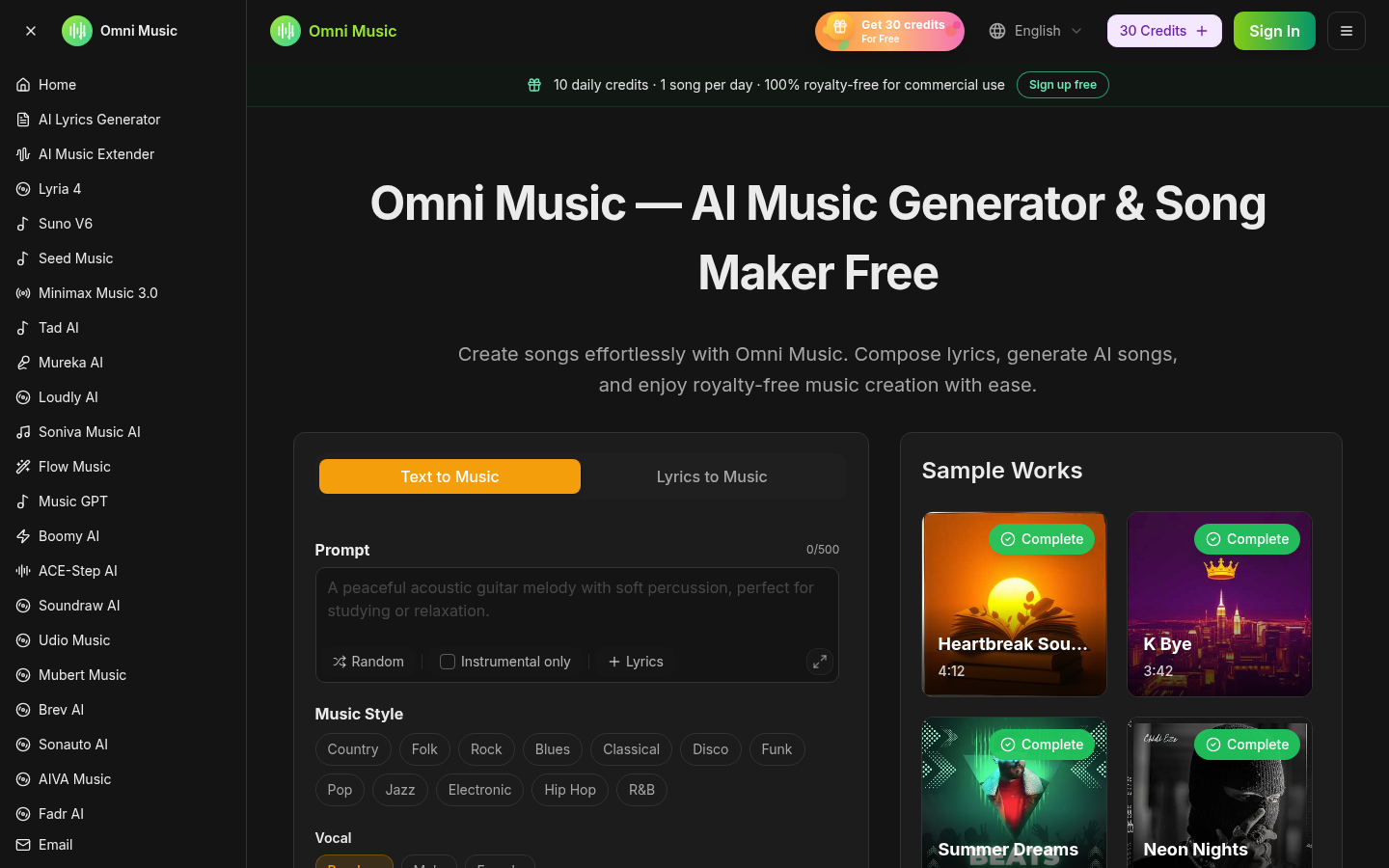 omnimusic.org desktop capture of the first page