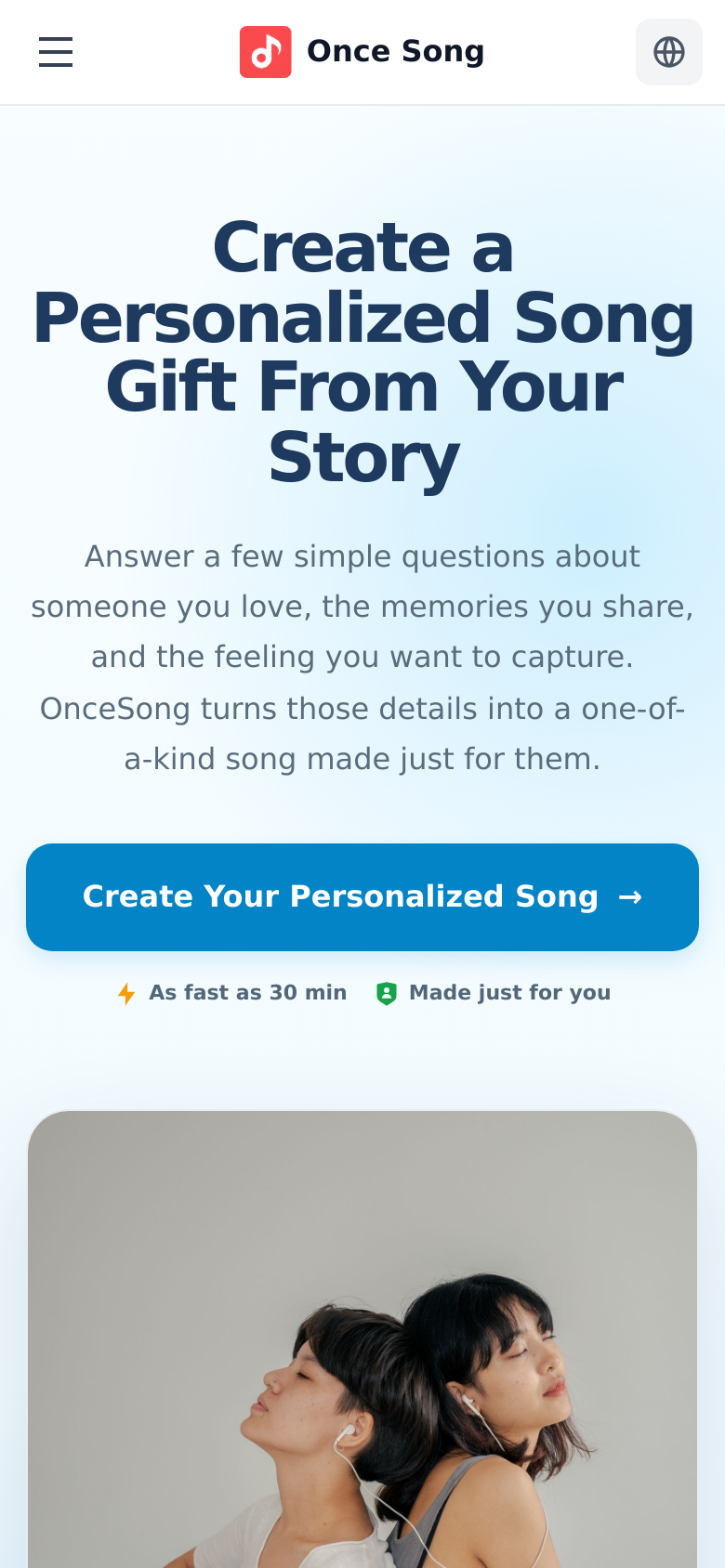 oncesong.com mobile capture of the first page