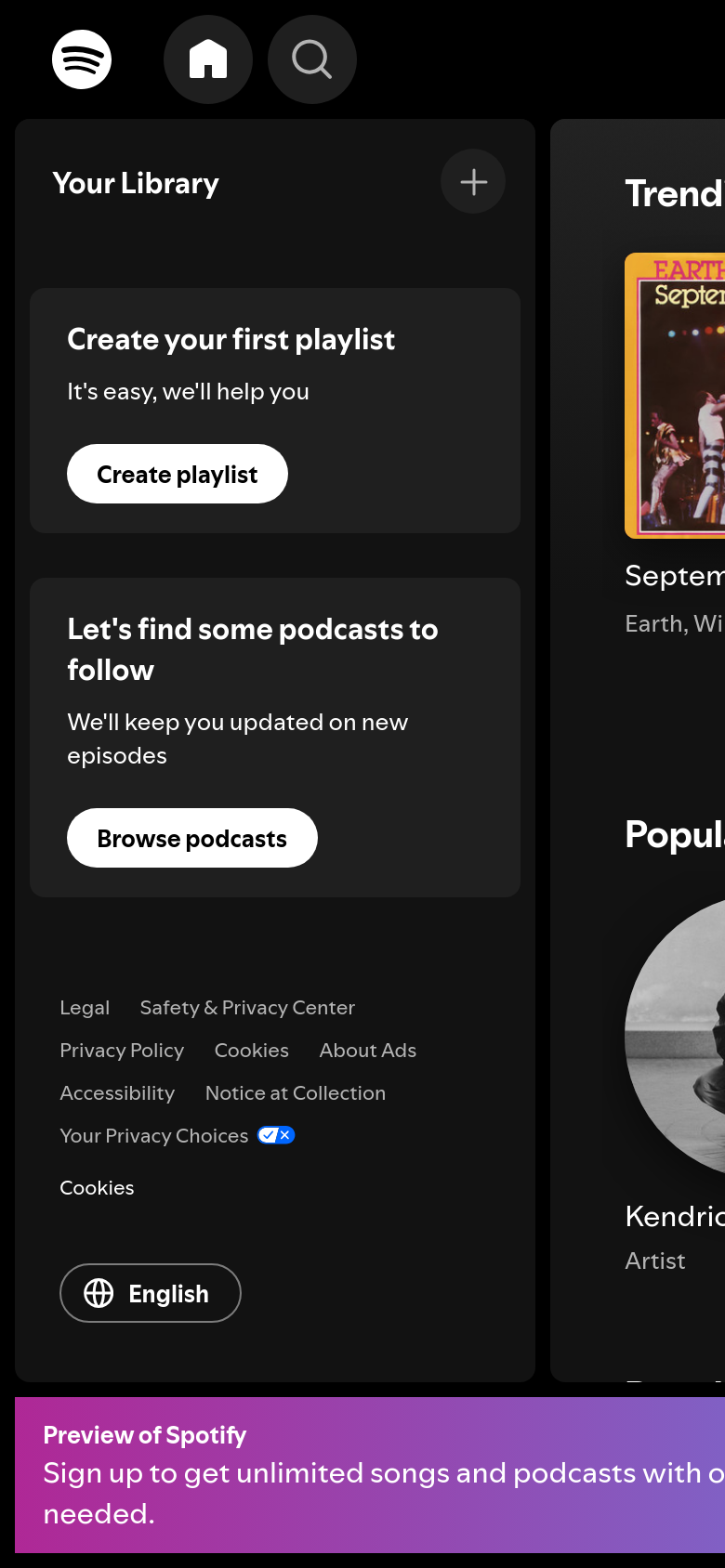 open.spotify.com mobile capture of the first page