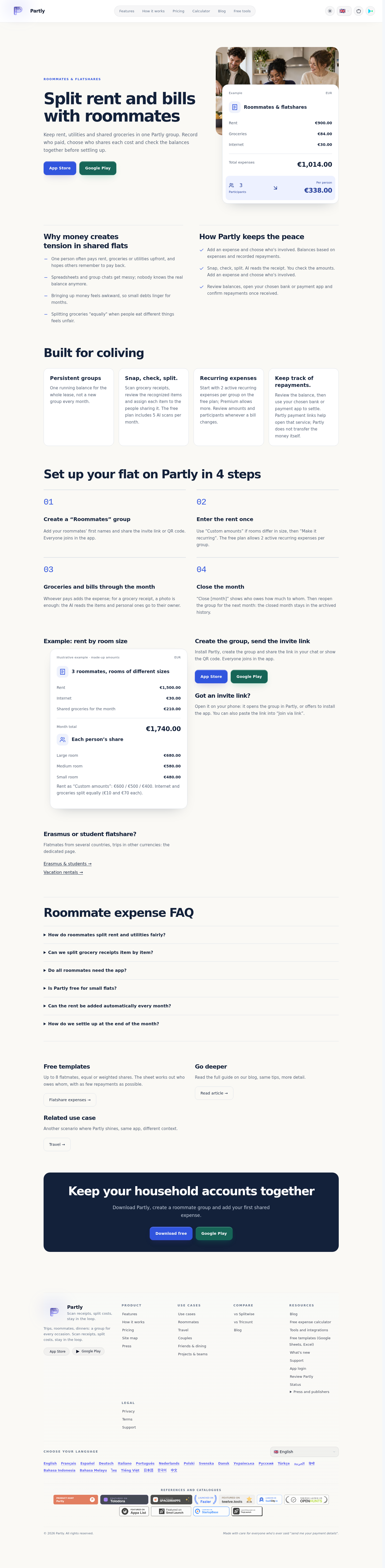 partly-app.com FAQ section, Use Cases Split Rent Bills Roommates