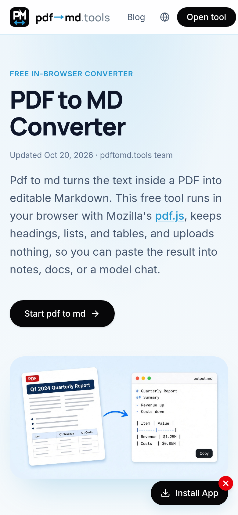 pdftomd.tools mobile capture of the first page