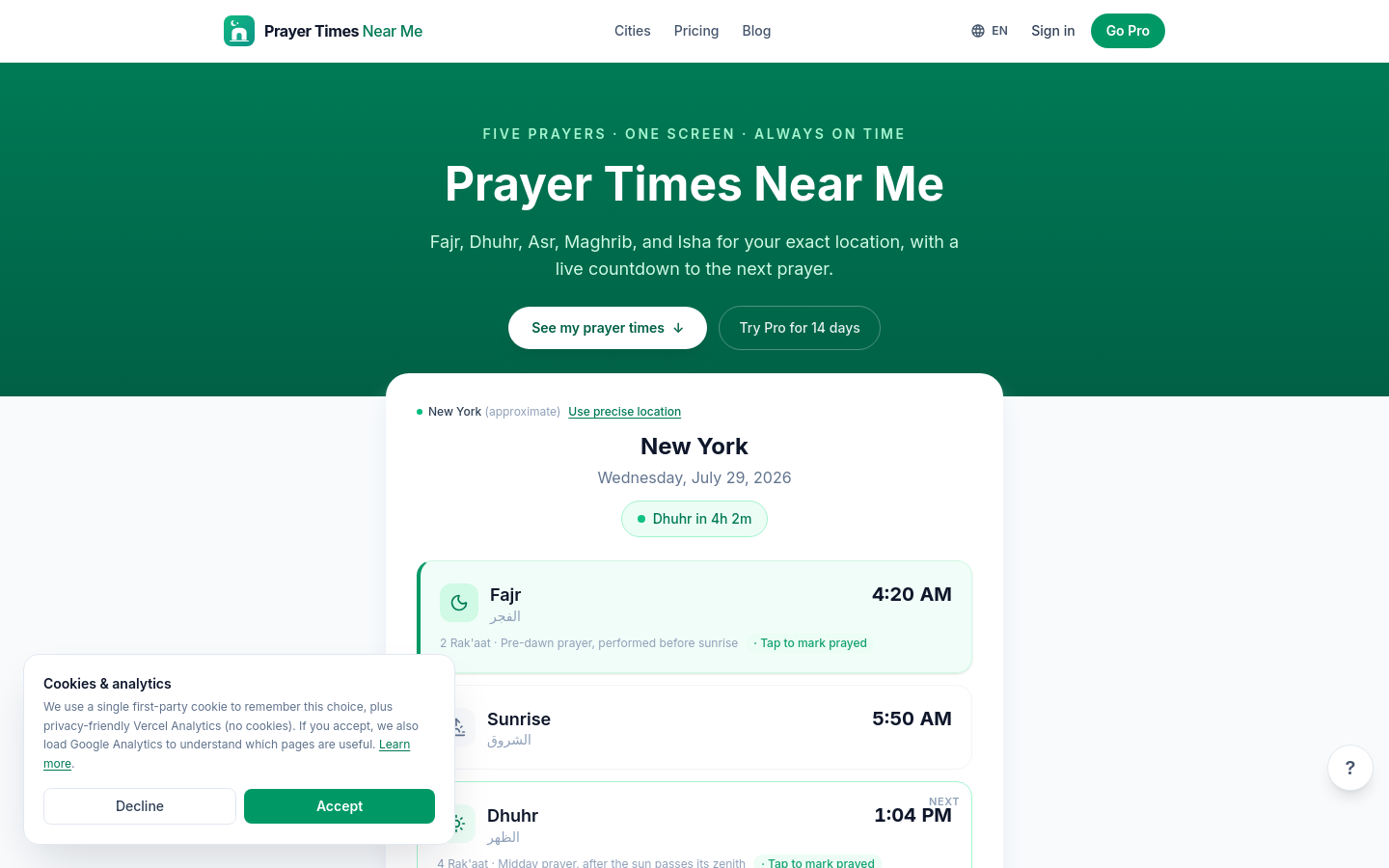 Above-the-fold capture of prayertimesnearme.com