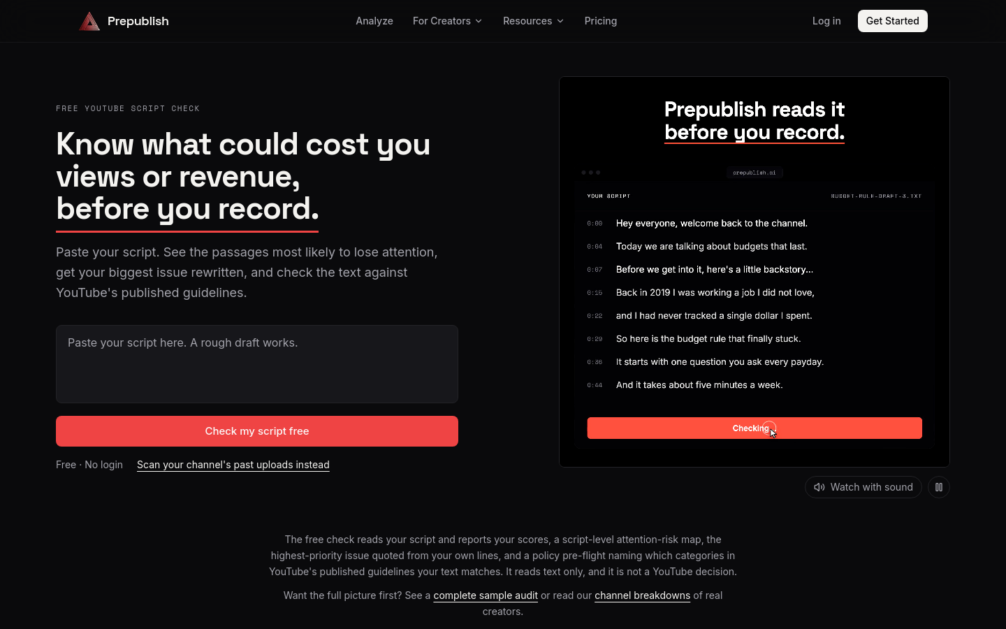 prepublish.ai desktop capture of the first page
