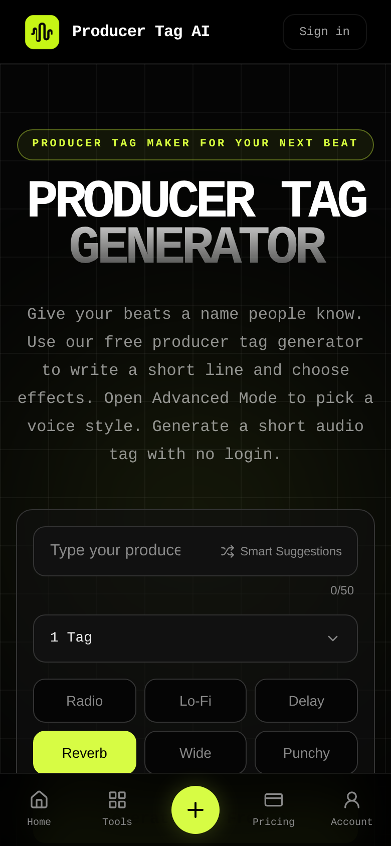 producertag.org mobile capture of the first page