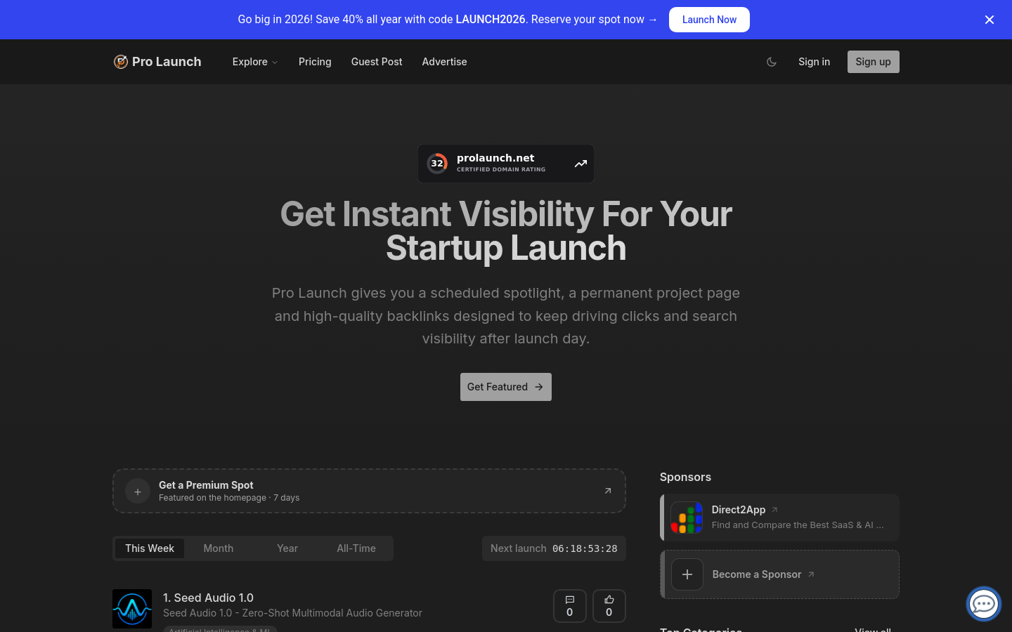 Above-the-fold capture of prolaunch.net