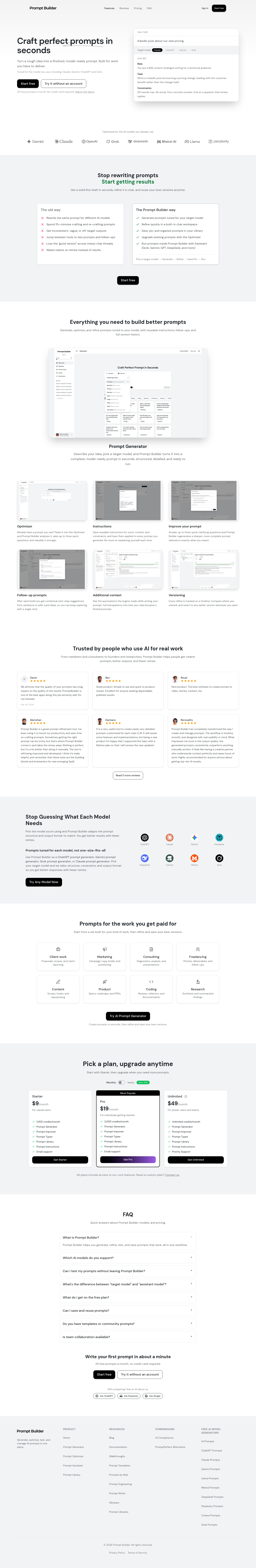 promptbuilder.cc — Hero + Logo Wall + Pricing + FAQ