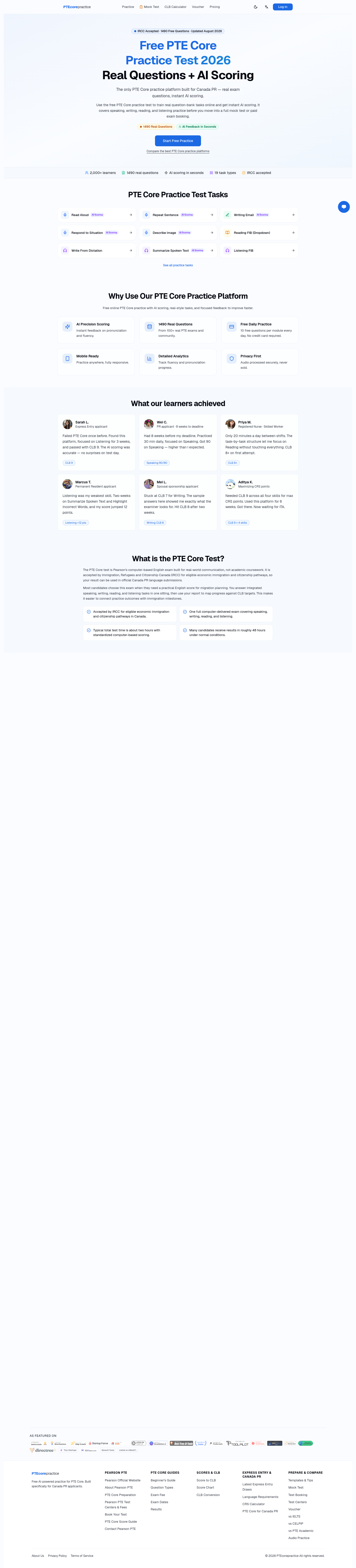 Nav section of ptecorepractice.com
