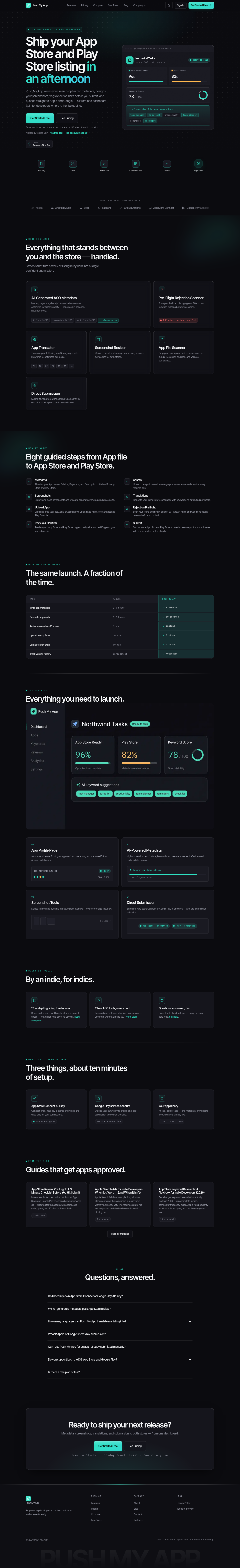 pushmyapp.ai — Hero + Comparison + FAQ