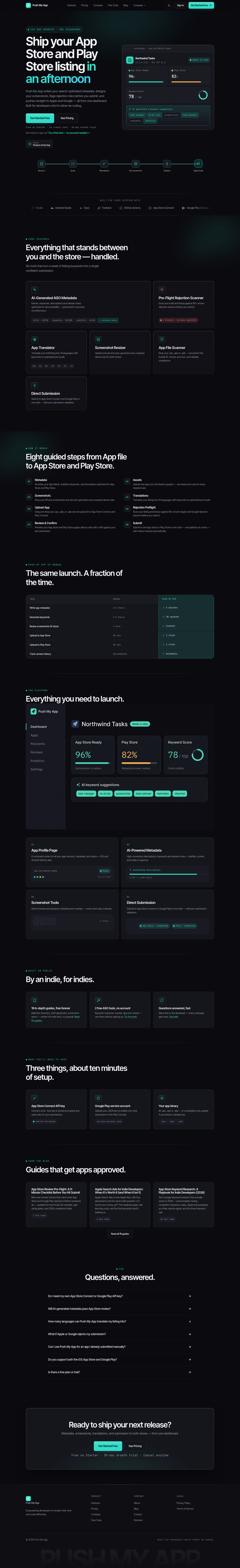 pushmyapp.ai — Hero + Comparison + FAQ