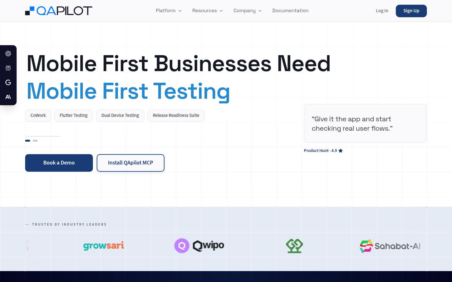 qapilot.io desktop capture of the first page