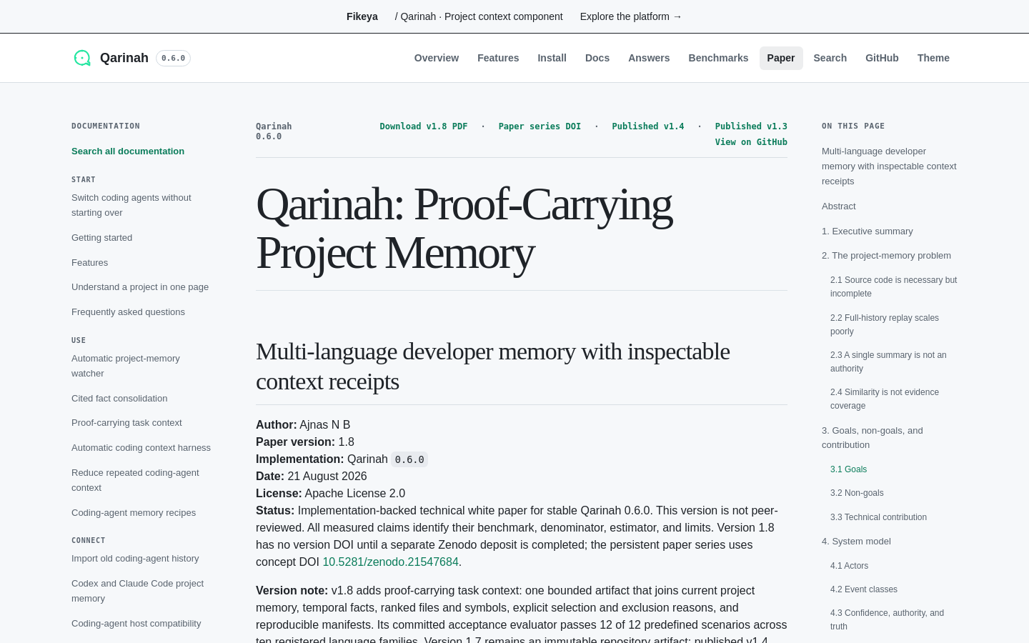 qarinah.io desktop capture of the first page