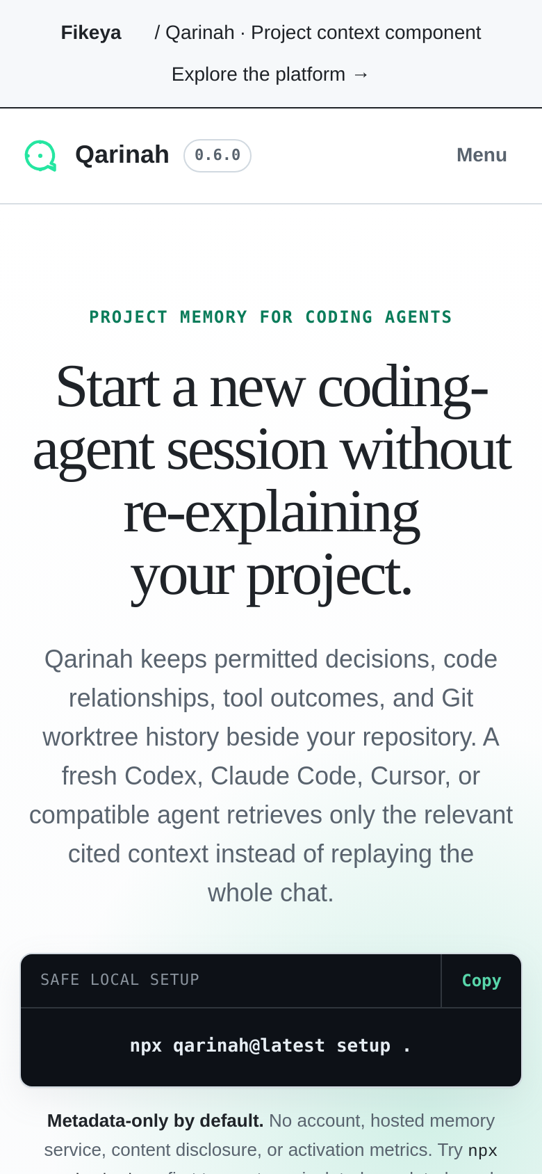 qarinah.io mobile capture of the first page