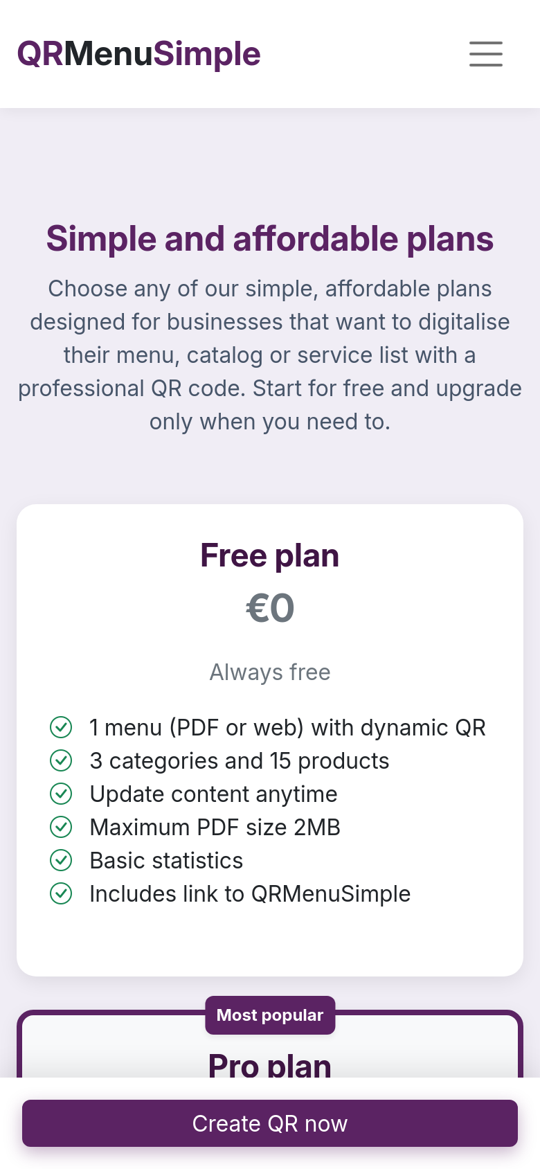 Plans Pricing Qr Pdf Digital Menu Online