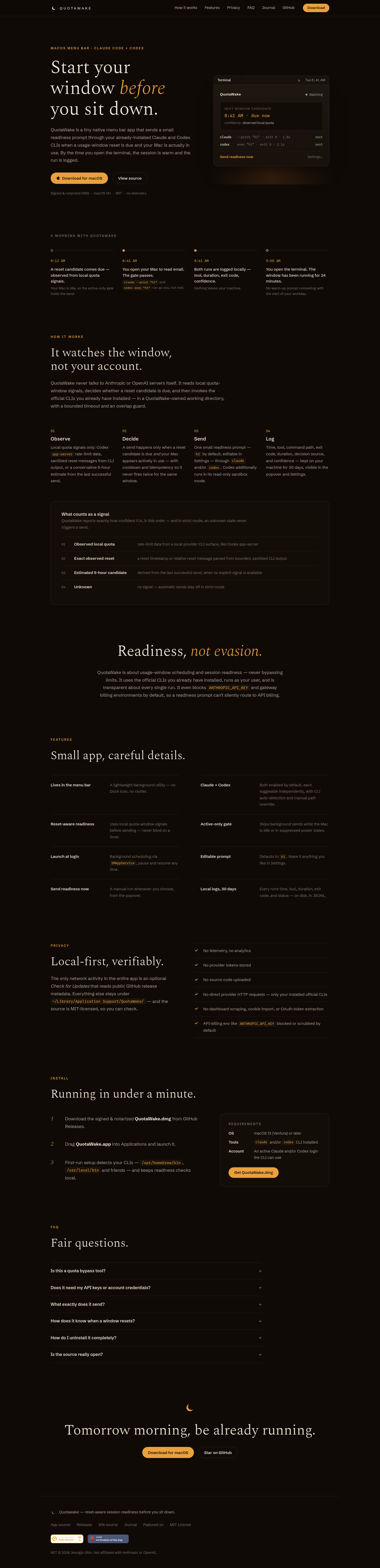 Nav section of quotawake.com