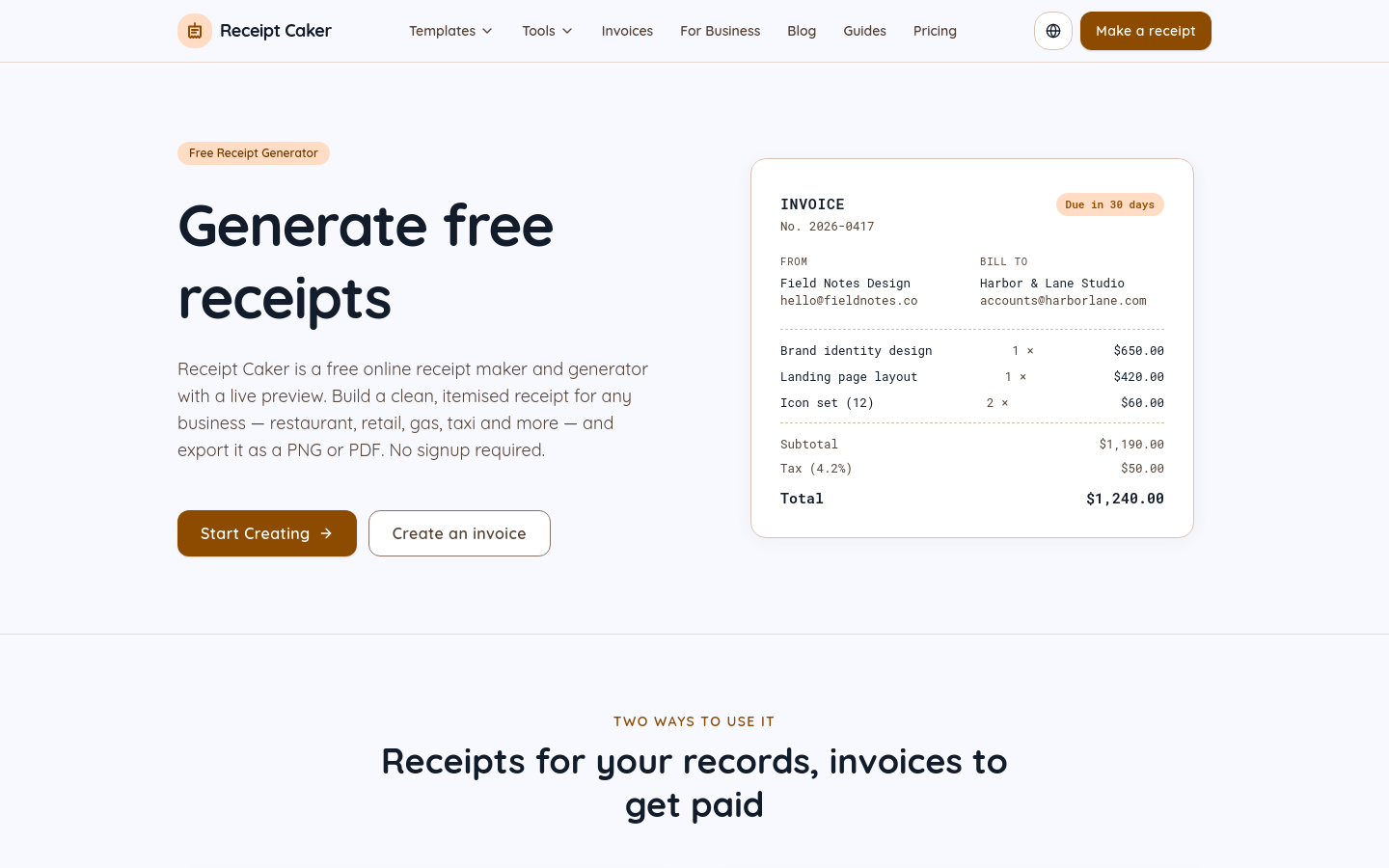 Above-the-fold capture of receiptcaker.com