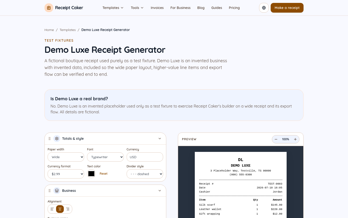 Demo Luxe Receipt Generator