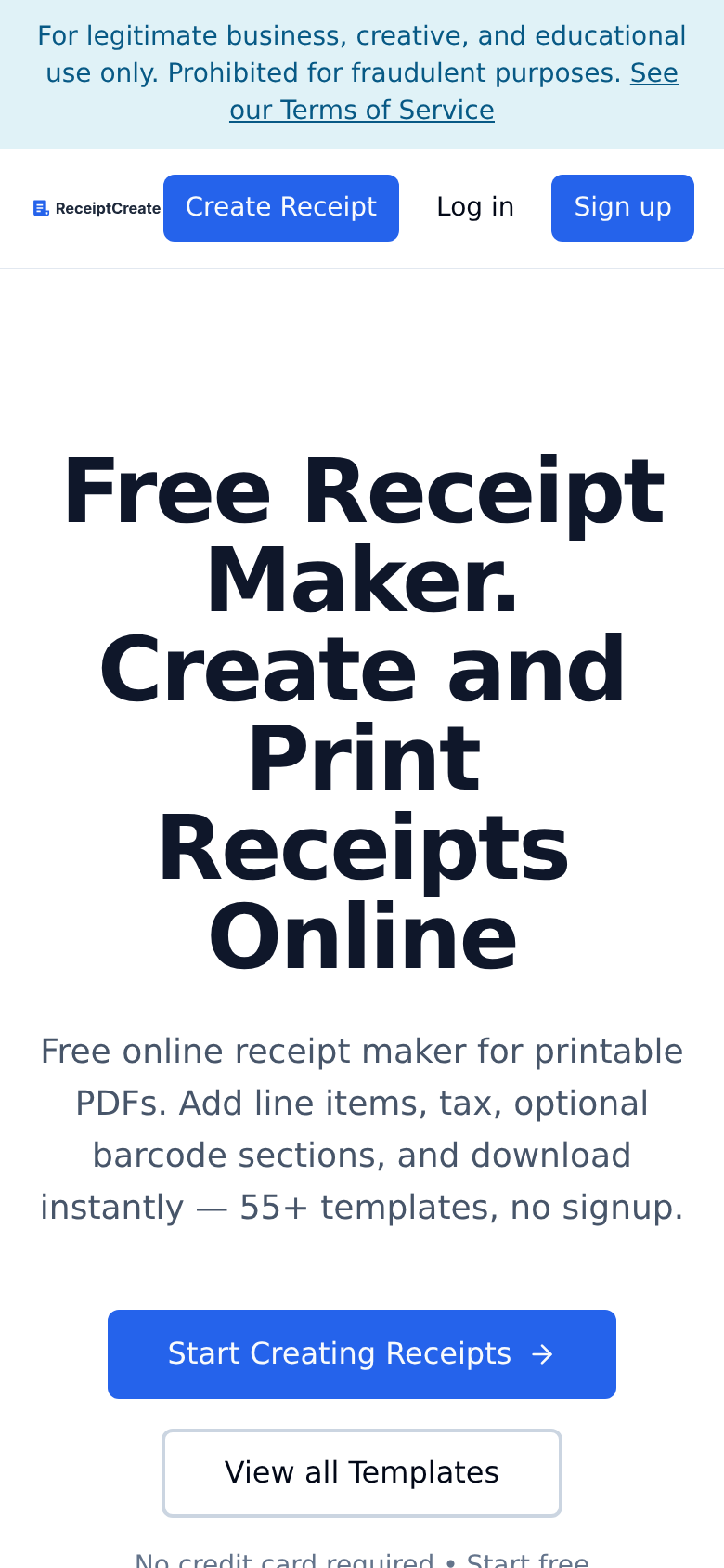 receiptcreate.com mobile capture of the first page