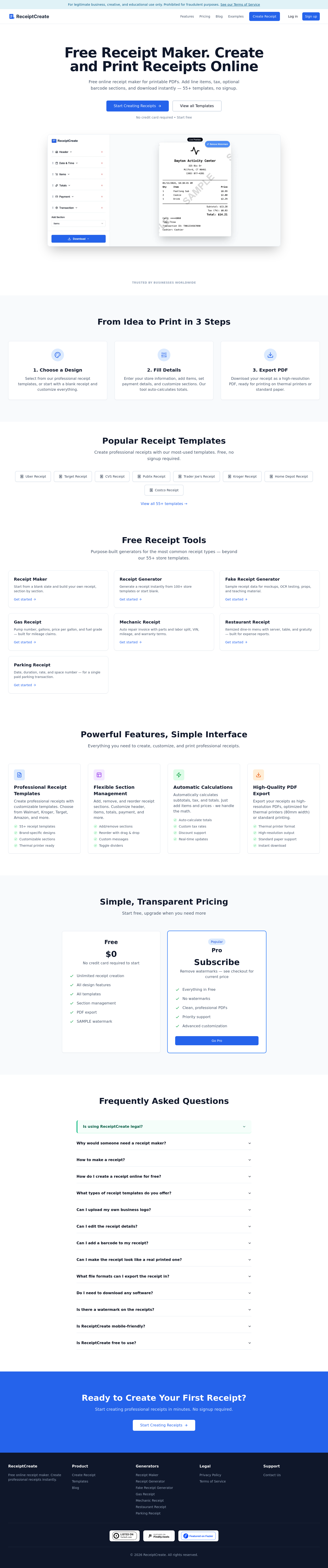 Nav section of receiptcreate.com