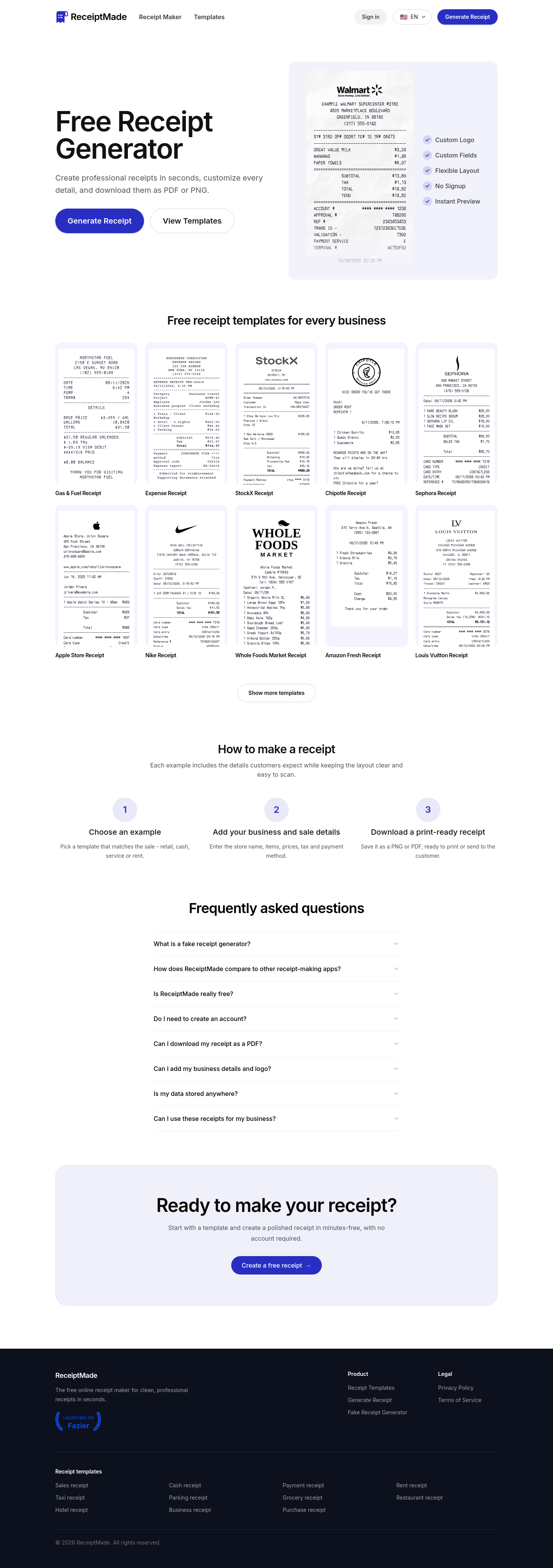 Nav section of receiptmade.com