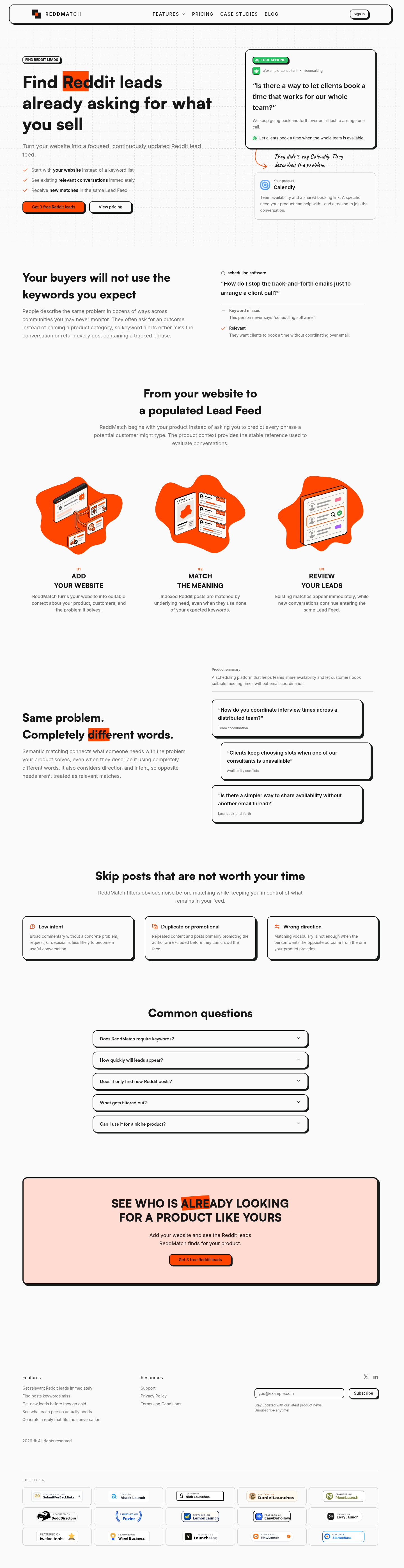 reddmatch.com FAQ section, Features