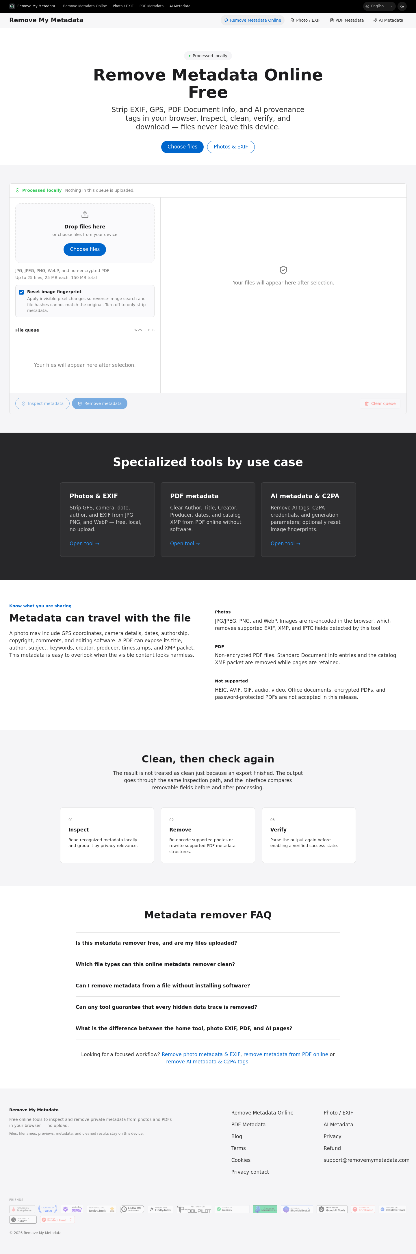Nav section of removemymetadata.com