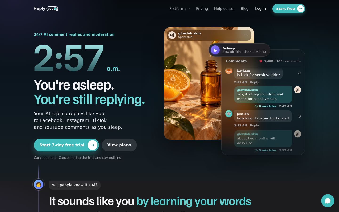 reply200.com desktop capture of the first page
