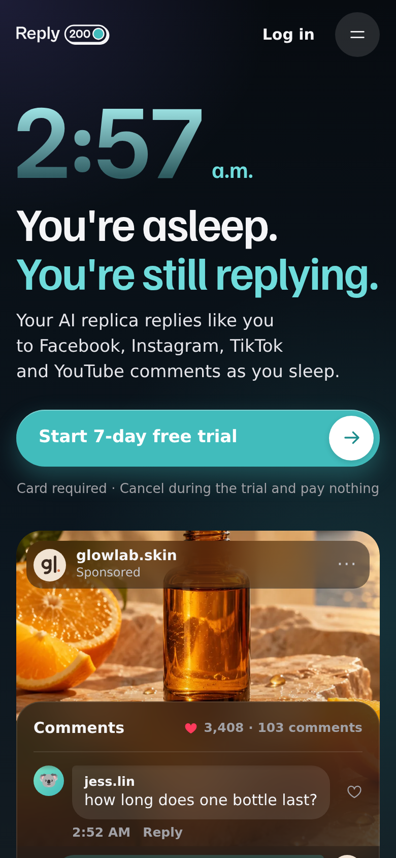 reply200.com mobile capture of the first page