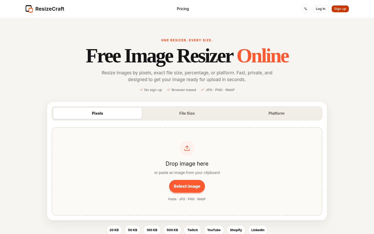 resizecraft.com desktop capture of the first page