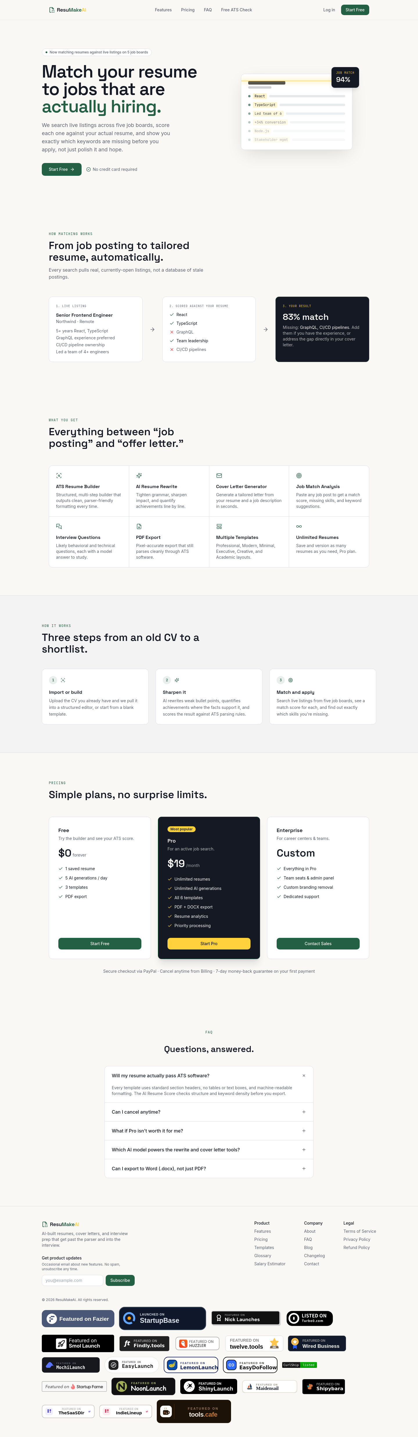 Nav section of resumakeai.com